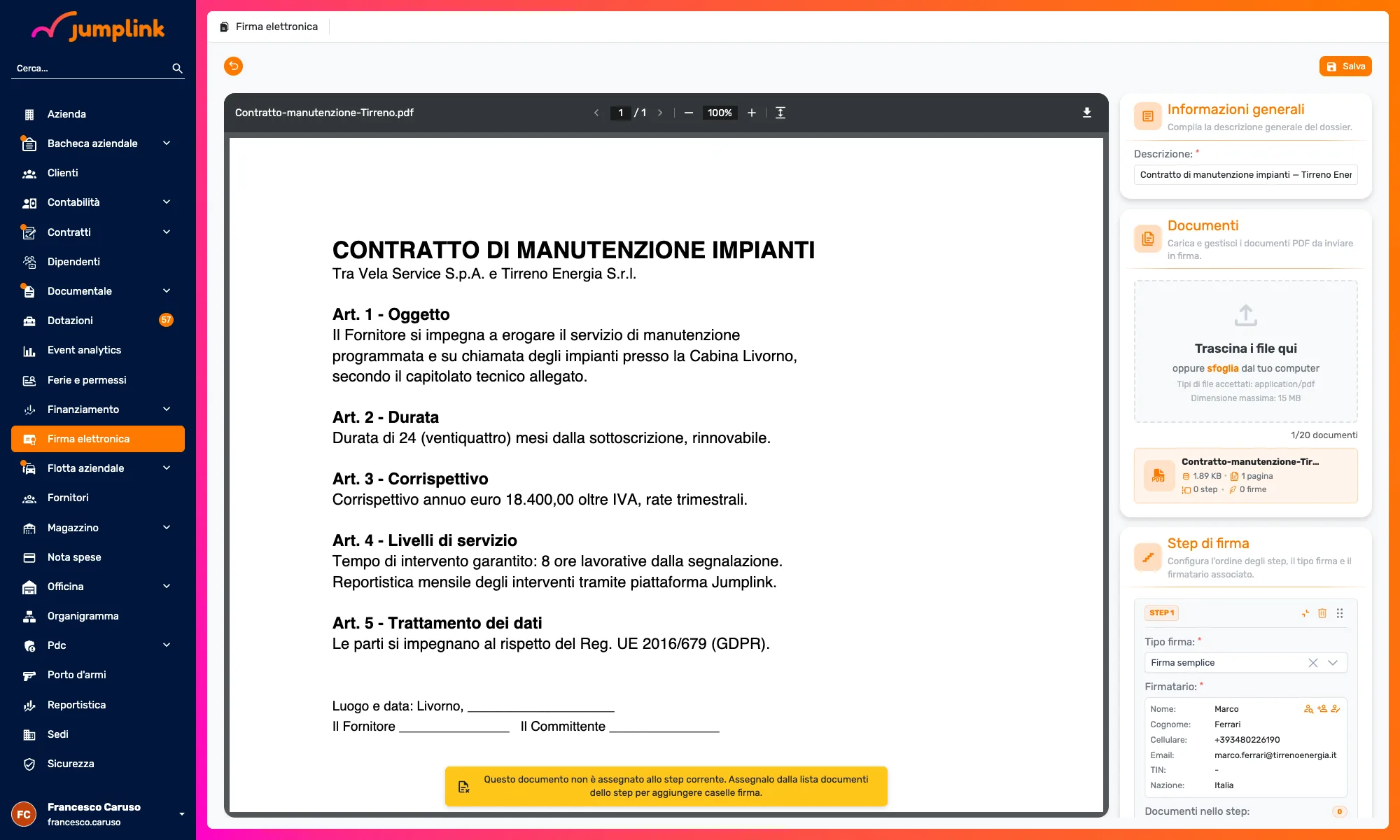 Firma elettronica in Jumplink: flusso di firma in sequenza tracciato e creazione di un dossier con documento e firmatari