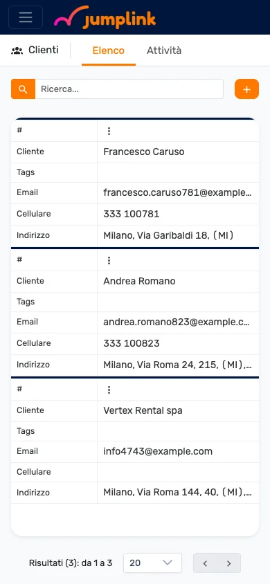 Jumplink da smartphone: dashboard con KPI, elenco clienti e dettaglio di un intervento, interfaccia responsive