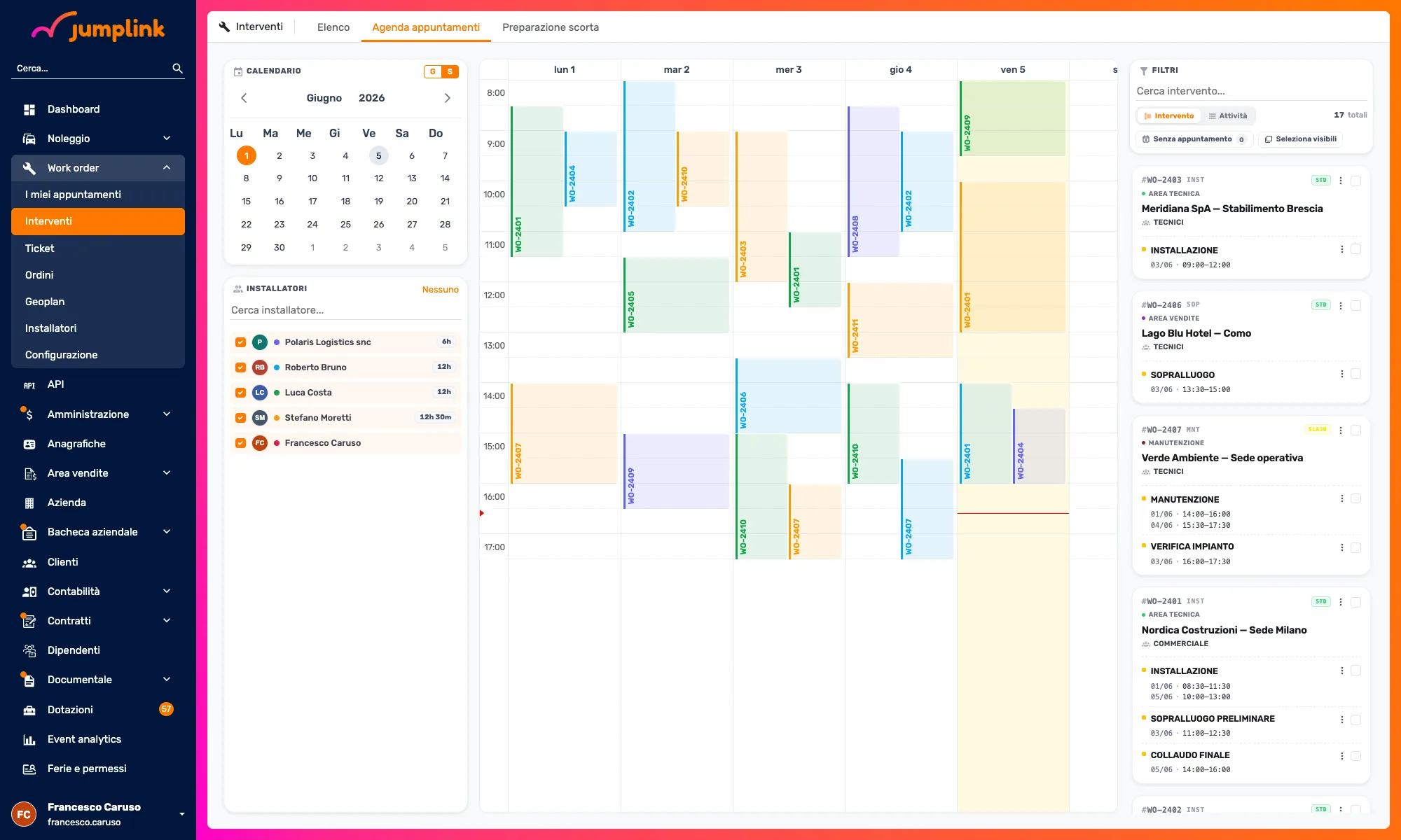 Agenda di pianificazione di Jumplink: calendario condiviso con attività, appuntamenti e risorse